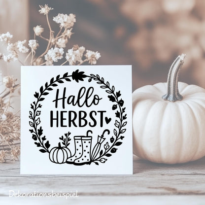 Fensterbild Hallo Herbst, Herbstzeit Deko, Herbstlicher Aufkleber Fensterdekoration , Herbstdekoration , Sticker Kürbis,Gummistiefel, Schirm