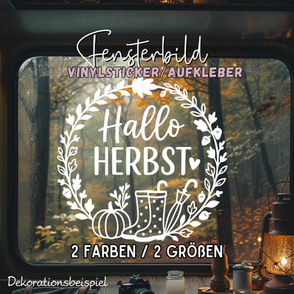 Fensterbild Hallo Herbst, Herbstzeit Deko, Herbstlicher Aufkleber Fensterdekoration , Herbstdekoration , Sticker Kürbis,Gummistiefel, Schirm