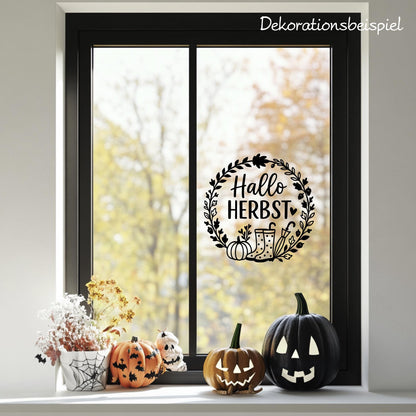 Fensterbild Hallo Herbst, Herbstzeit Deko, Herbstlicher Aufkleber Fensterdekoration , Herbstdekoration , Sticker Kürbis,Gummistiefel, Schirm