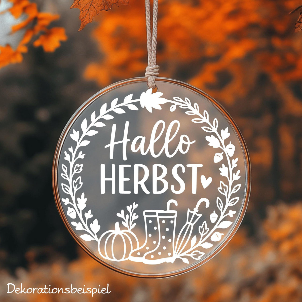 Fensterbild Hallo Herbst, Herbstzeit Deko, Herbstlicher Aufkleber Fensterdekoration , Herbstdekoration , Sticker Kürbis,Gummistiefel, Schirm