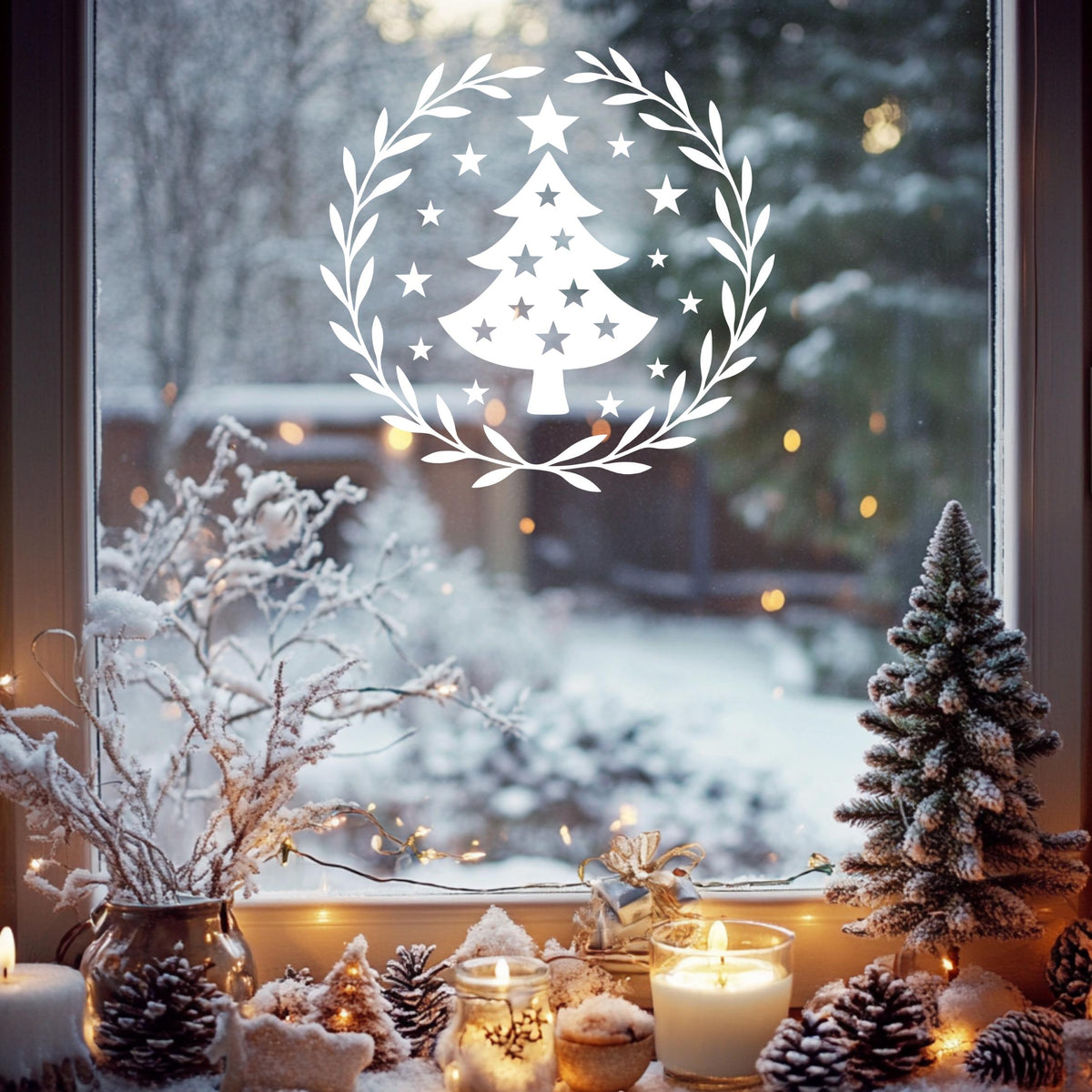 Fensteraufkleber Skandi Weihnachten , Tannenbaum Weihnachtskranz ,Fensterbild ,Aufkleber, Weihnachtsfensterbild Stil Minimalistisch Deko