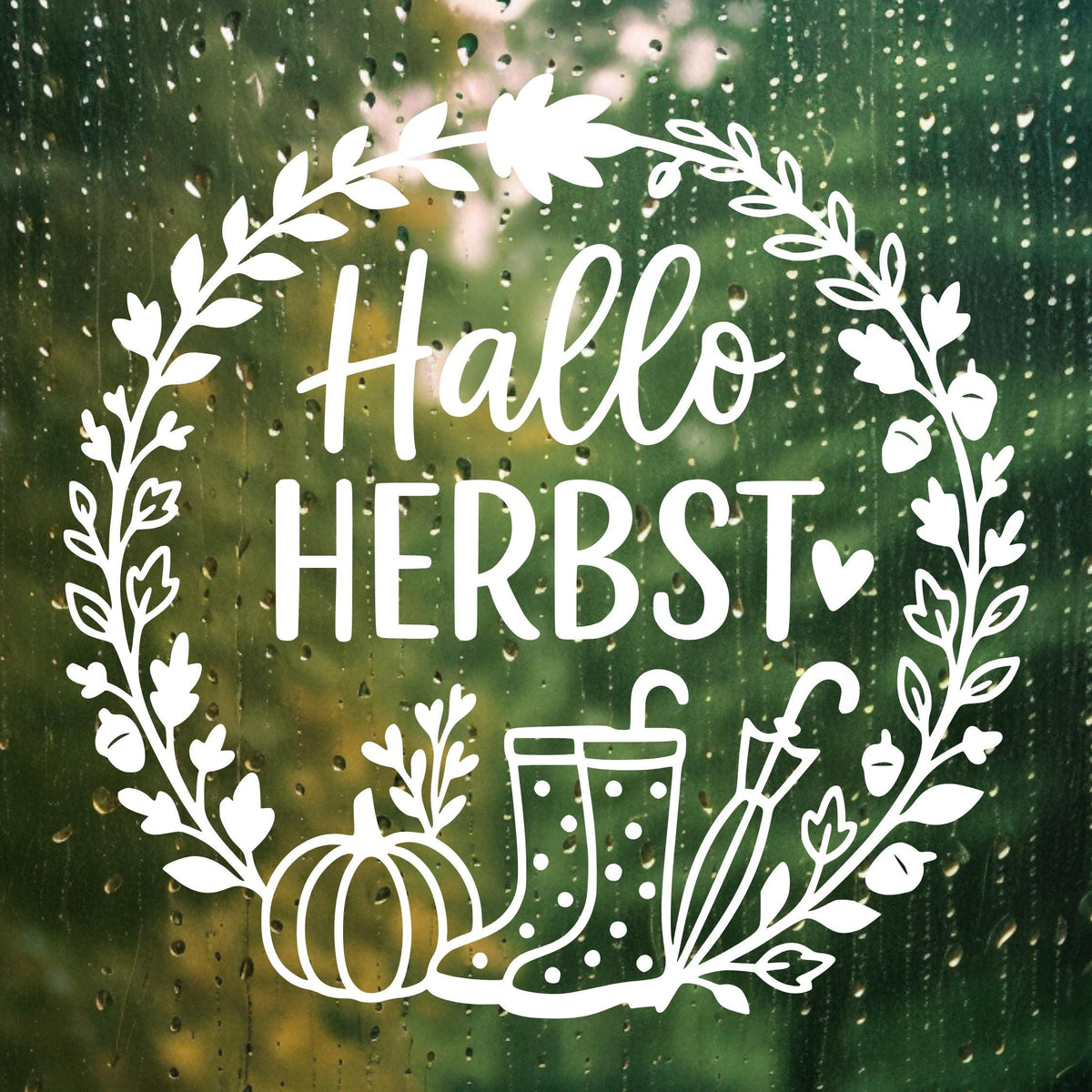 Fensterbild Hallo Herbst, Herbstzeit Deko, Herbstlicher Aufkleber Fensterdekoration , Herbstdekoration , Sticker Kürbis,Gummistiefel, Schirm