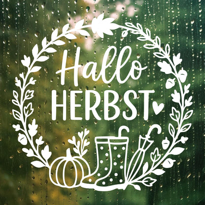 Fensterbild Hallo Herbst, Herbstzeit Deko, Herbstlicher Aufkleber Fensterdekoration , Herbstdekoration , Sticker Kürbis,Gummistiefel, Schirm