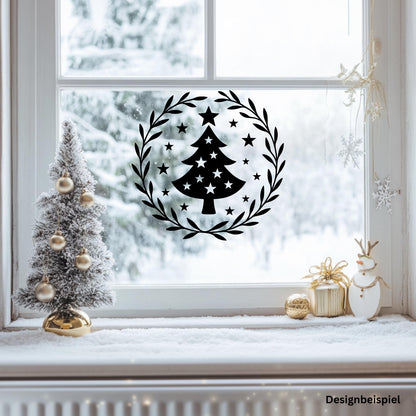 Fensteraufkleber Skandi Weihnachten , Tannenbaum Weihnachtskranz ,Fensterbild ,Aufkleber, Weihnachtsfensterbild Stil Minimalistisch Deko