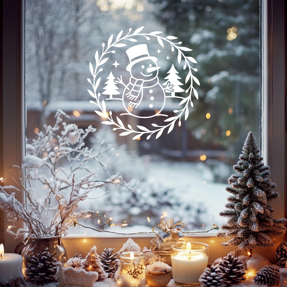Fensteraufkleber Skandi Weihnachten , Schneemann Weihnachtskranz ,Fensterbild ,DIY Aufkleber, Weihnachtsfensterbild Stil Minimalistisch Deko