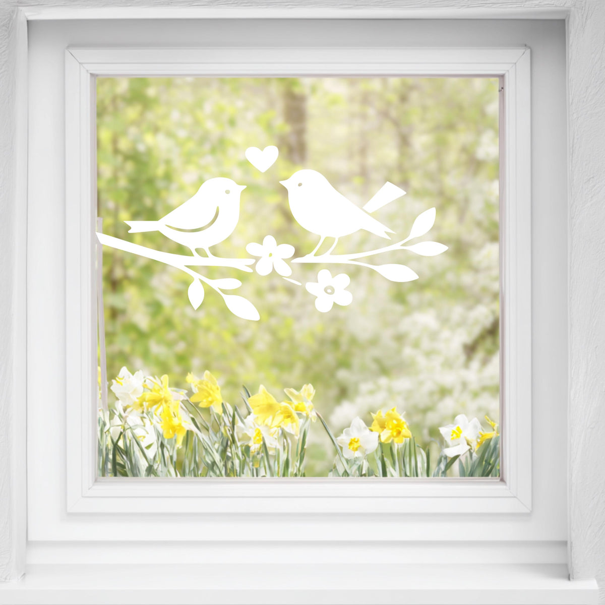 Fensterbild oder Vogelschutz Aufkleber , Frühling, Sommer , Wintergarten, Fensterdekoration, Vögel Zweig, Schaufenster , 2 Farben 2 Größen