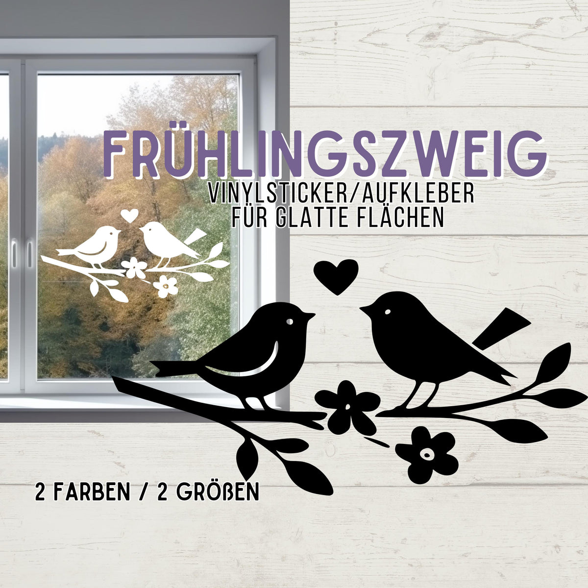 Fensterbild oder Vogelschutz Aufkleber , Frühling, Sommer , Wintergarten, Fensterdekoration, Vögel Zweig, Schaufenster , 2 Farben 2 Größen