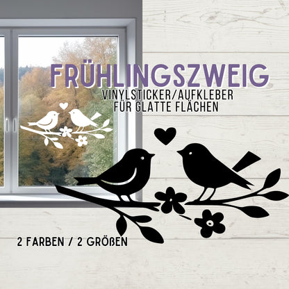 Fensterbild oder Vogelschutz Aufkleber , Frühling, Sommer , Wintergarten, Fensterdekoration, Vögel Zweig, Schaufenster , 2 Farben 2 Größen