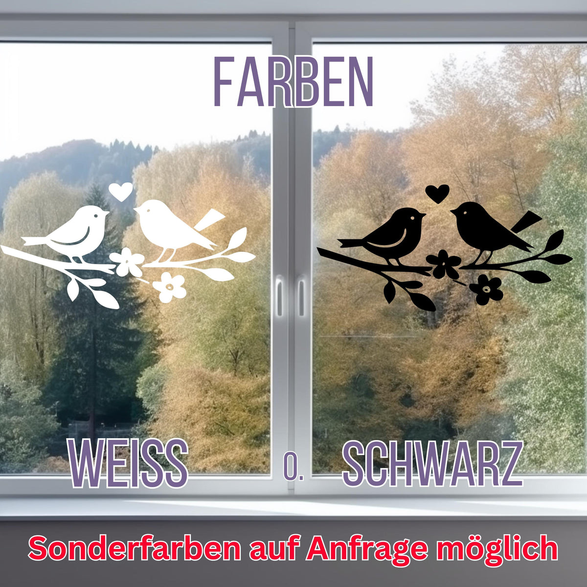 Fensterbild oder Vogelschutz Aufkleber , Frühling, Sommer , Wintergarten, Fensterdekoration, Vögel Zweig, Schaufenster , 2 Farben 2 Größen