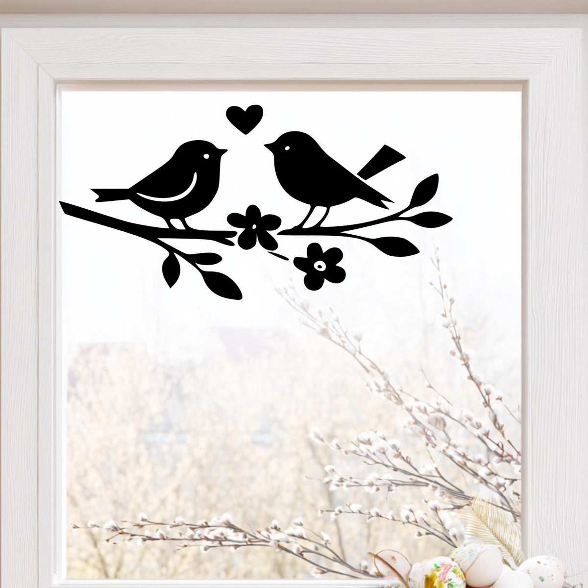 Fensterbild oder Vogelschutz Aufkleber , Frühling, Sommer , Wintergarten, Fensterdekoration, Vögel Zweig, Schaufenster , 2 Farben 2 Größen