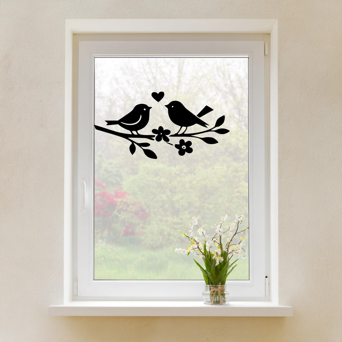 Fensterbild oder Vogelschutz Aufkleber , Frühling, Sommer , Wintergarten, Fensterdekoration, Vögel Zweig, Schaufenster , 2 Farben 2 Größen