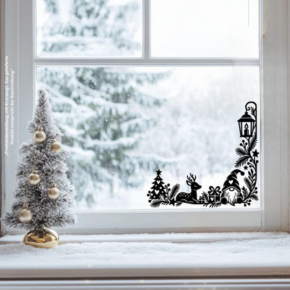 Weihnachtsdeko Fenster Fensteraufkleber als 2er Set – Fensterbilder Ecken Wichtel & Reh, Fensterdeko zu Weihnachten, 30cm, Schwarz oder Weiß