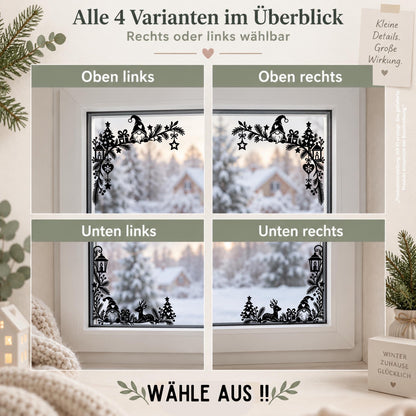 Weihnachtsdeko Fenster Fensteraufkleber als 2er Set – Fensterbilder Ecken Wichtel & Reh, Fensterdeko zu Weihnachten, 30cm, Schwarz oder Weiß