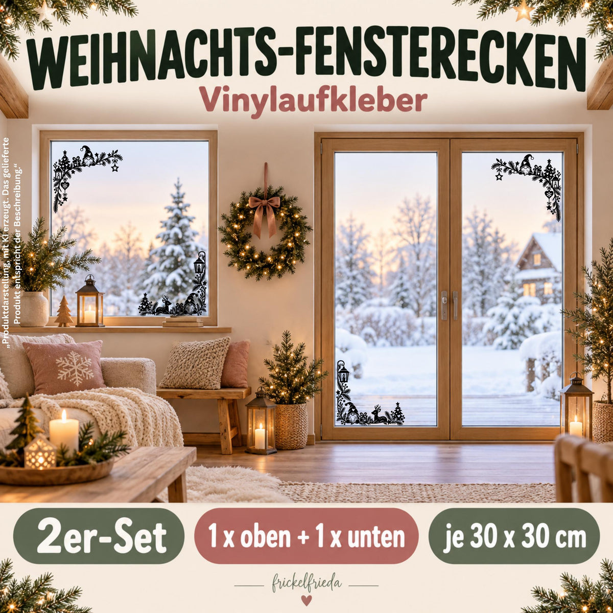 Weihnachtsdeko Fenster Fensteraufkleber als 2er Set – Fensterbilder Ecken Wichtel & Reh, Fensterdeko zu Weihnachten, 30cm, Schwarz oder Weiß