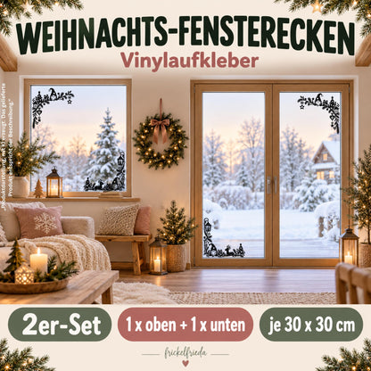 Weihnachtsdeko Fenster Fensteraufkleber als 2er Set – Fensterbilder Ecken Wichtel & Reh, Fensterdeko zu Weihnachten, 30cm, Schwarz oder Weiß