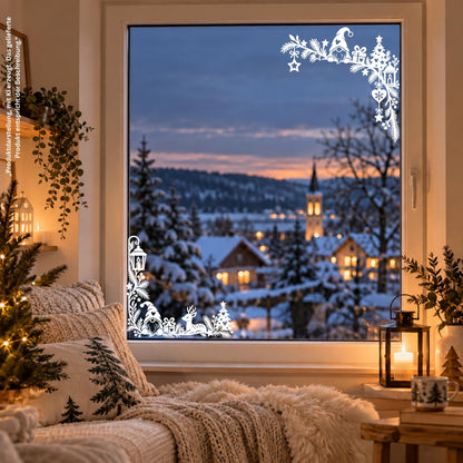 Weihnachtsdeko Fenster Fensteraufkleber als 2er Set – Fensterbilder Ecken Wichtel & Reh, Fensterdeko zu Weihnachten, 30cm, Schwarz oder Weiß