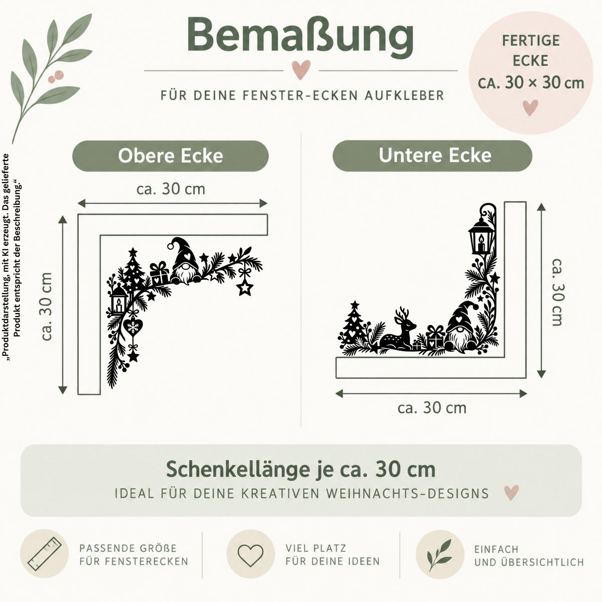 Weihnachtsdeko Fenster Fensteraufkleber als 2er Set – Fensterbilder Ecken Wichtel & Reh, Fensterdeko zu Weihnachten, 30cm, Schwarz oder Weiß