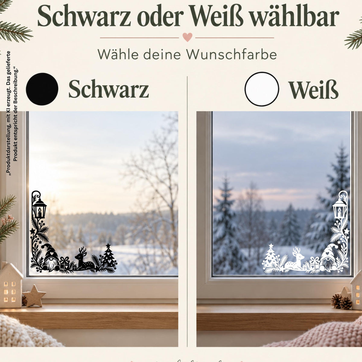 Weihnachtsdeko Fenster Fensteraufkleber als 2er Set – Fensterbilder Ecken Wichtel & Reh, Fensterdeko zu Weihnachten, 30cm, Schwarz oder Weiß