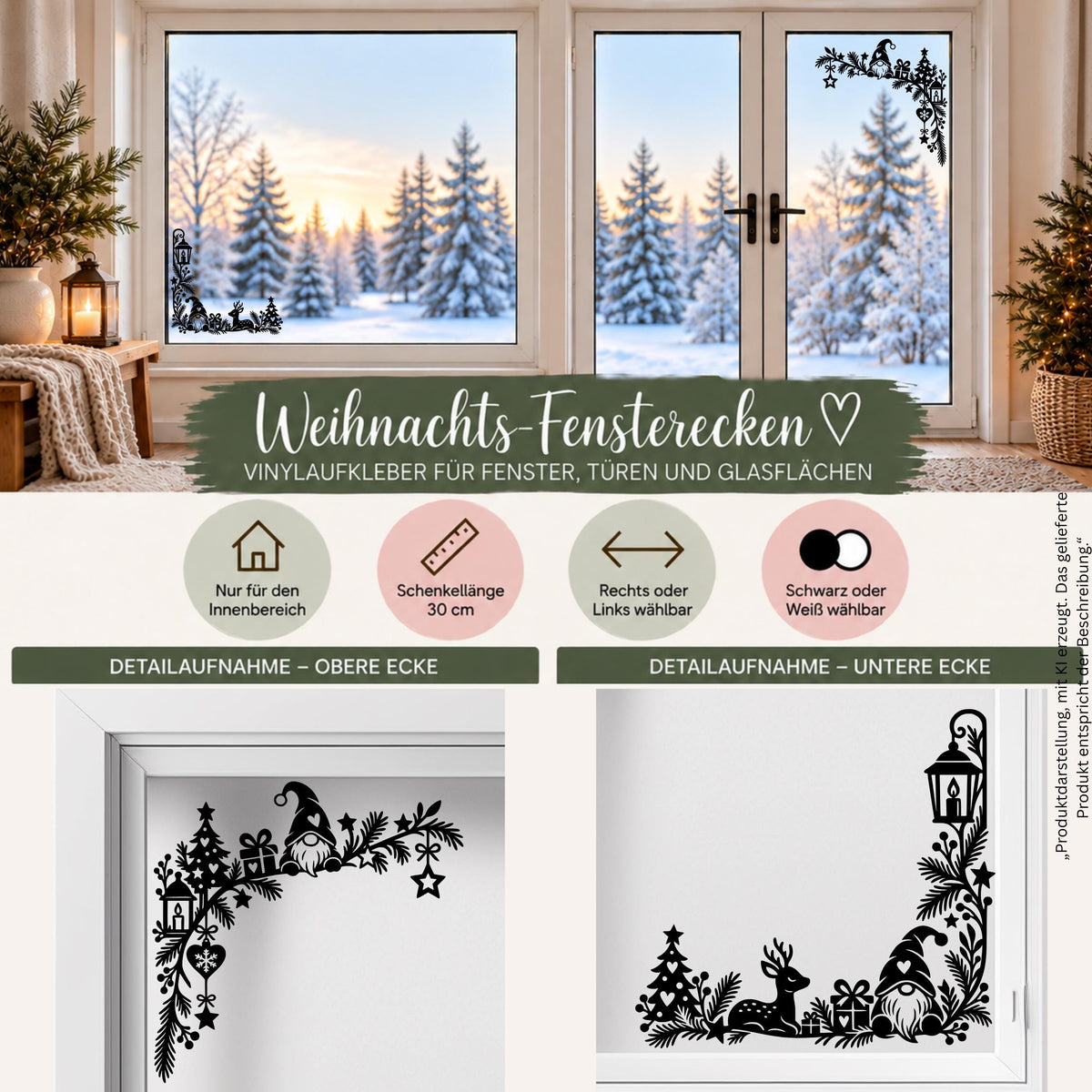 Weihnachtsdeko Fenster Fensteraufkleber als 2er Set – Fensterbilder Ecken Wichtel & Reh, Fensterdeko zu Weihnachten, 30cm, Schwarz oder Weiß