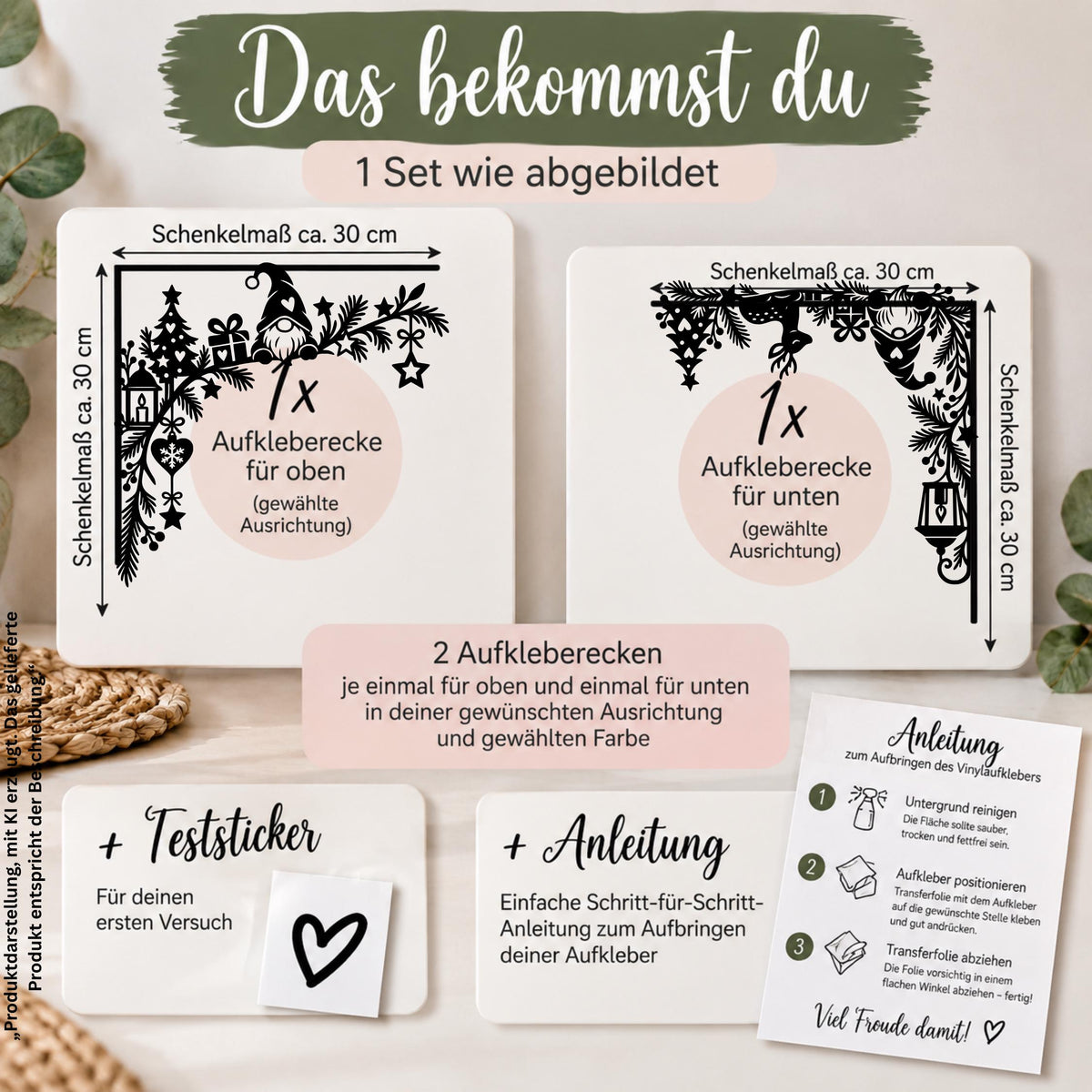 Weihnachtsdeko Fenster Fensteraufkleber als 2er Set – Fensterbilder Ecken Wichtel & Reh, Fensterdeko zu Weihnachten, 30cm, Schwarz oder Weiß