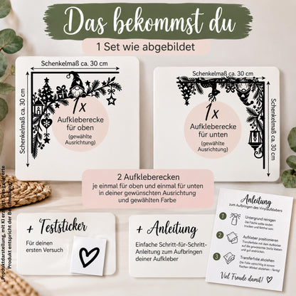 Weihnachtsdeko Fenster Fensteraufkleber als 2er Set – Fensterbilder Ecken Wichtel & Reh, Fensterdeko zu Weihnachten, 30cm, Schwarz oder Weiß