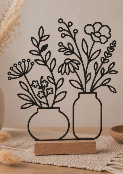 Line Art Blumen Aufsteller  | Moderne florale Dekoration mit 3D Druck erstellt  | Minimalistische Deko mit Holzsockel