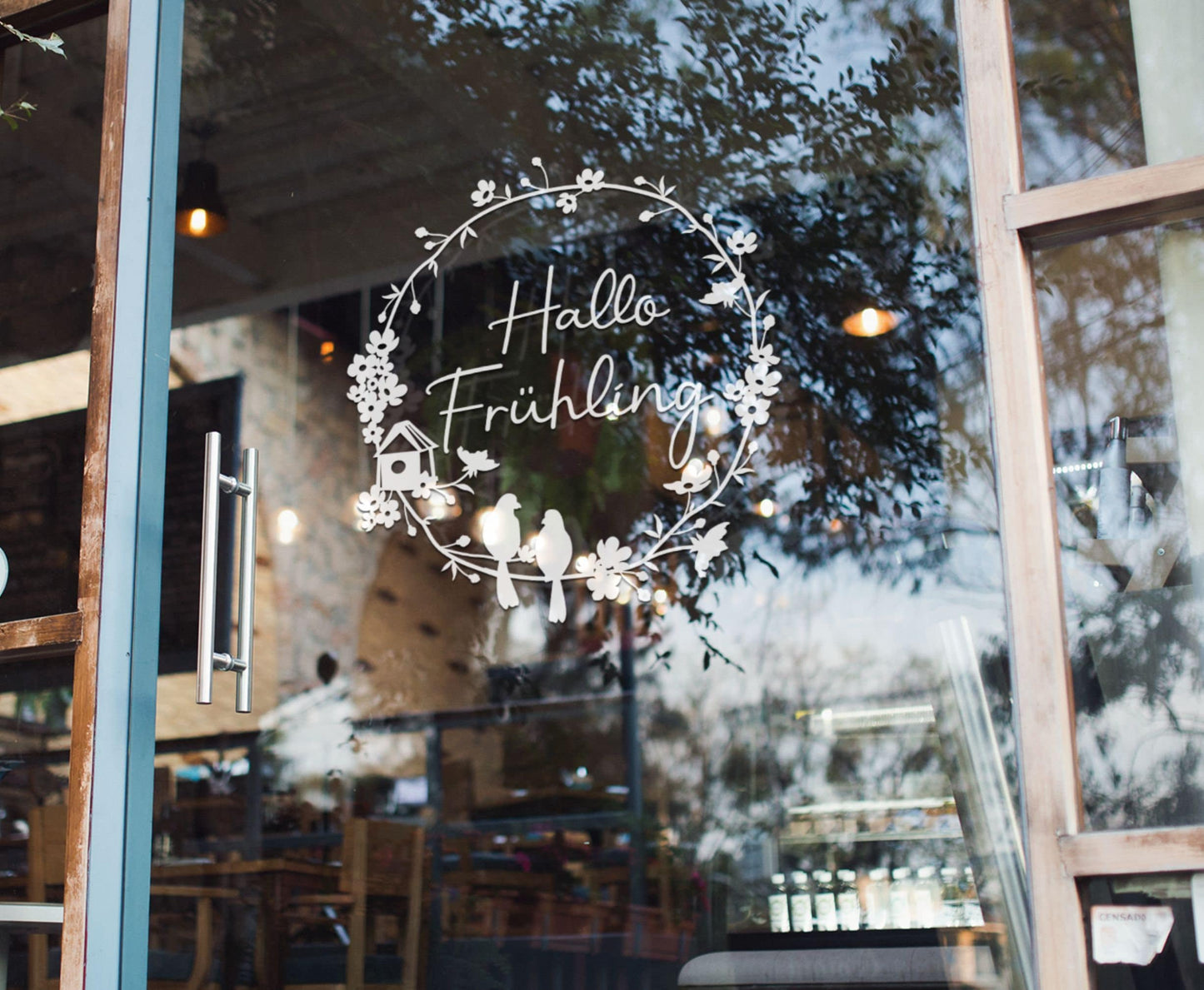 Aufkleber Fensteraufkleber Sticker Hallo Frühling Landhaus Kranz mit Blumen Vögeln Vinyl Fensterbild