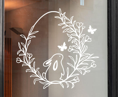 Aufkleber Fensteraufkleber Sticker Ostern Landhaus Ei Kranz mit Blumen Häschen Schmetterling Haustür Fenster Deko Fensterbild Vinylfolie