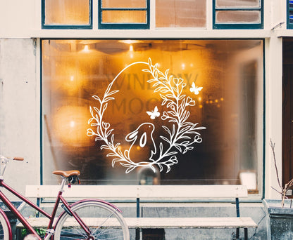 Aufkleber Fensteraufkleber Sticker Ostern Landhaus Ei Kranz mit Blumen Häschen Schmetterling Haustür Fenster Deko Fensterbild Vinylfolie