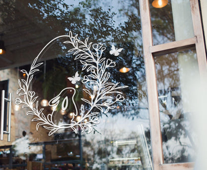 Aufkleber Fensteraufkleber Sticker Ostern Landhaus Ei Kranz mit Blumen Häschen Schmetterling Haustür Fenster Deko Fensterbild Vinylfolie