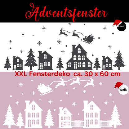 Adventsfenster XXL 60cm  2 Designs zur Wahl Weihnachtsdorf Häuser Häuserreihe Aufkleber Fensterdeko Fensterbild aus Vinyl Weihnachtssticker