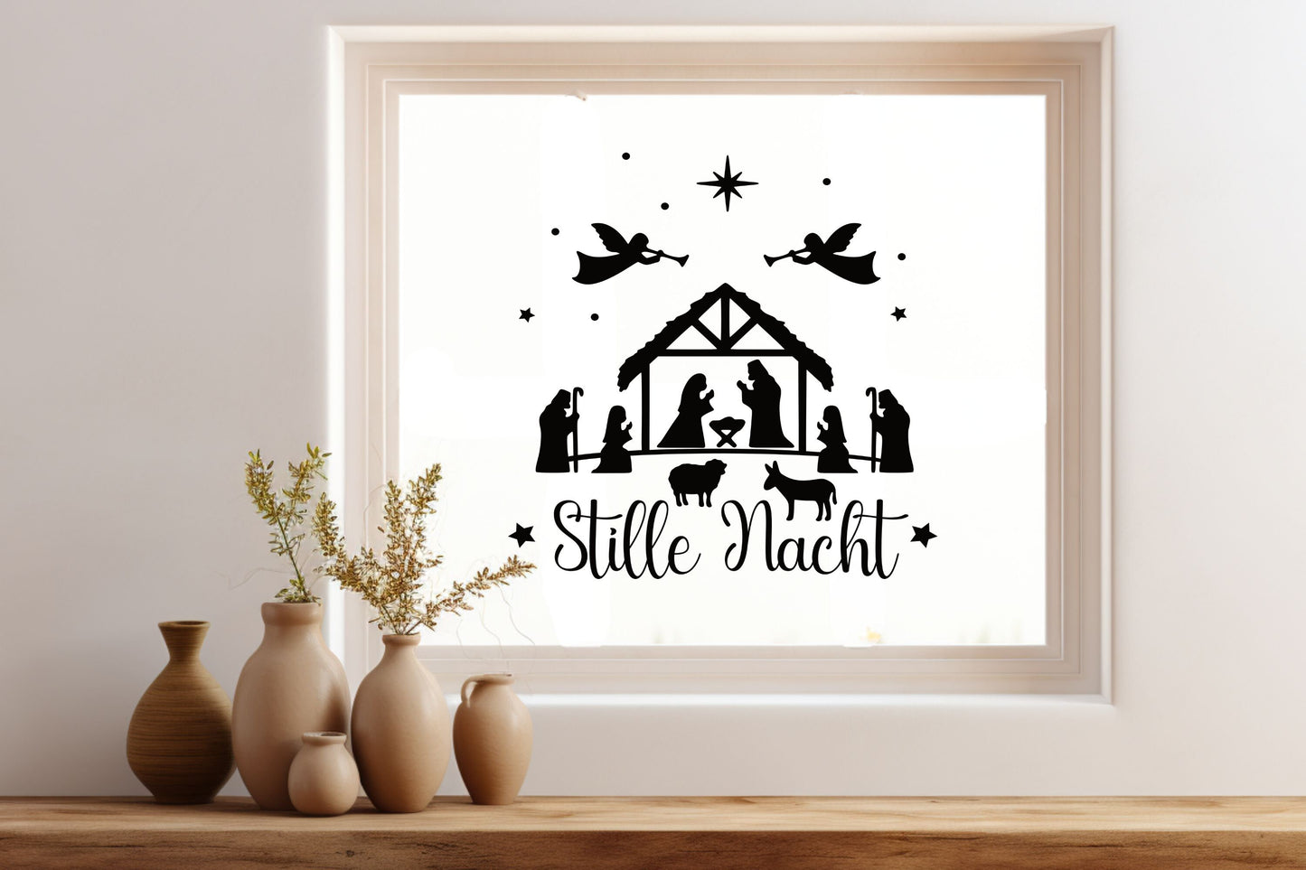 Fensteraufkleber mit Krippenspiel Krippe Christkind mit Engel Fensterbild Aufkleber Fenstersticker Weihnachtsfensterbild Stille Nacht Advent