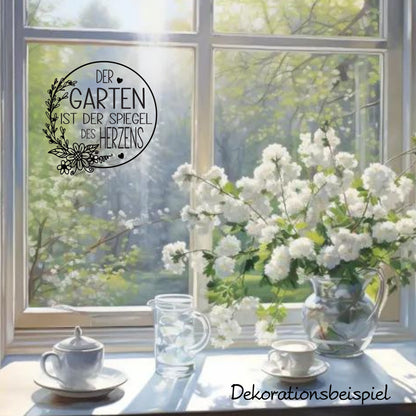 Aufkleber Fensteraufkleber Sticker Garten Dekokranz Blumenkranz mit Spruch Garten Spiegel des Herzens Dekoration Fensterbild Vinyl 2 Größen