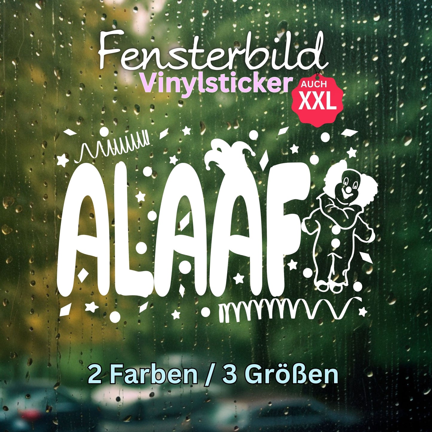 Fensterbild für Karneval Fensteraufkleber Sticker zum Fasching Alaaf mit Clown, Narrenkappe, Konfetti saisonaler Aufkleber aus Vinylfolie