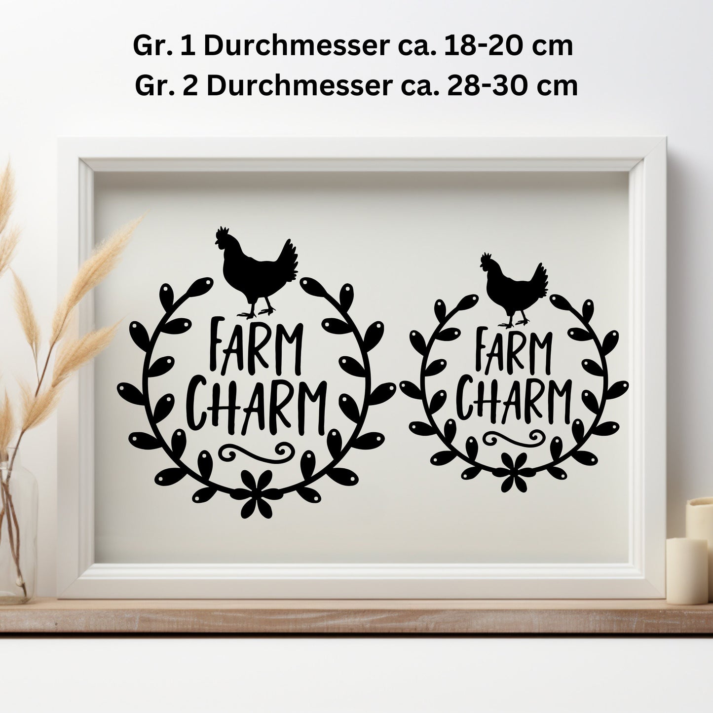 Landhaus Fensterbild Deko Aufkleber Fensteraufkleber Farm charm Kranz mit Huhn Dekoration Vinyl Landhausbild Milchkannensticker Briefkasten