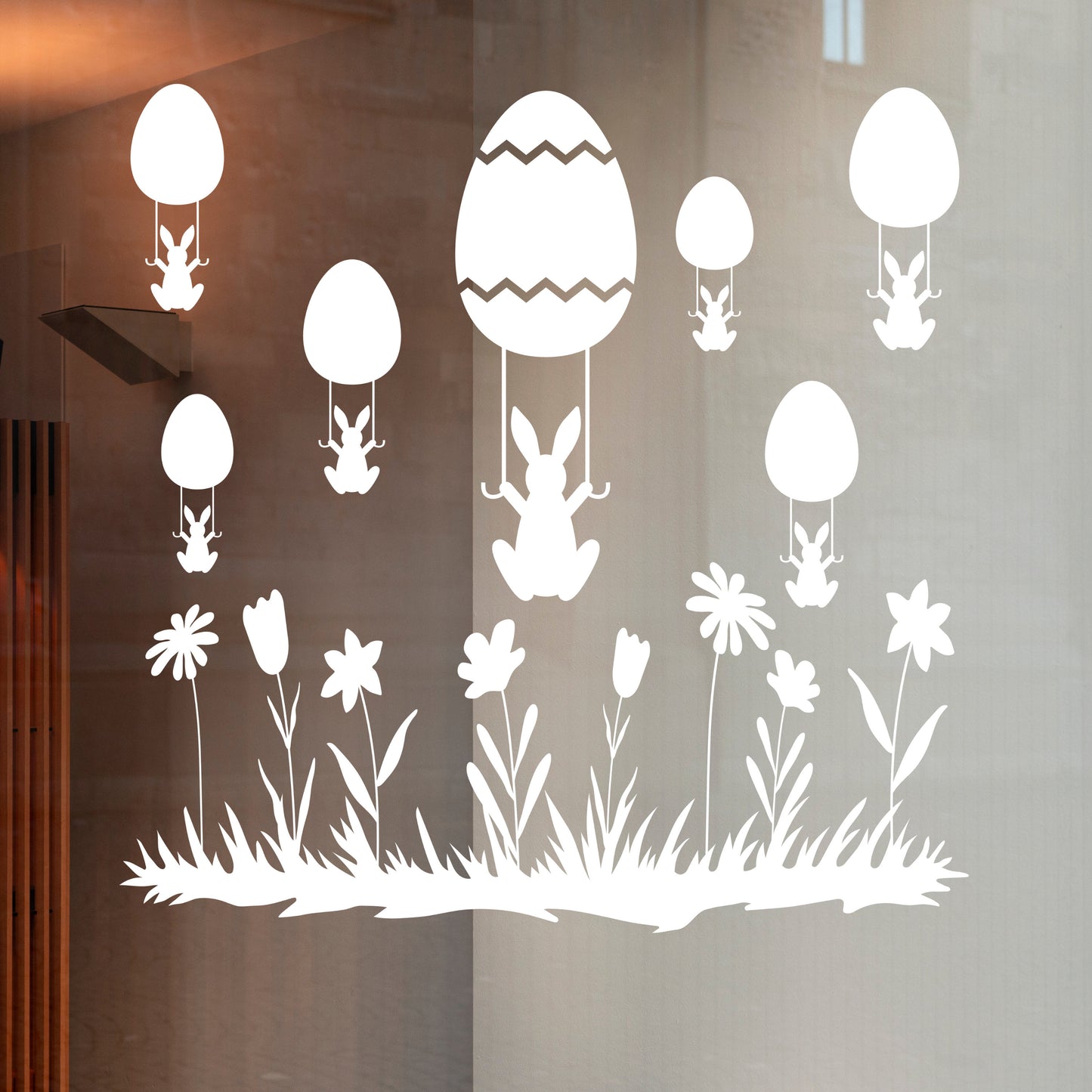 Aufkleber Hasenwiese Wildblumen Fensterbild Ostern Fensteraufkleber, Osterfest , Osterhase und Ostereier Ballons minimalistische Osterdeko