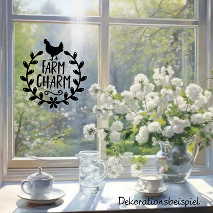 Landhaus Fensterbild Deko Aufkleber Fensteraufkleber Farm charm Kranz mit Huhn Dekoration Vinyl Landhausbild Milchkannensticker Briefkasten